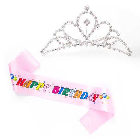파티쇼 공주 티아라 왕관 생일 어깨띠 세트, 컬러풀라이트핑크(중형A), 1세트