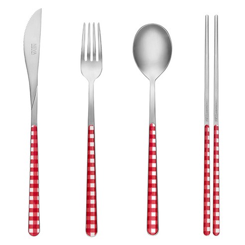 네바 커트러리 체크 풀세트, 레드, 스푼 + 젓가락 + 포크 + 나이프, 1세트