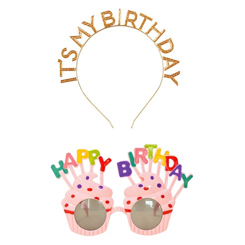 조이파티 메탈릭 생일머리띠 + 마카롱컵케익 생일안경 세트, 골드(머리띠), 핑크(안경), 1세트