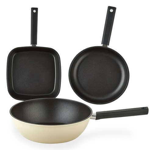 퀸센스 샌드 후라이팬 세트 3개, 베이지, 사각팬 27cm + 후라이팬 28cm + 궁중팬 28cm, 1세트