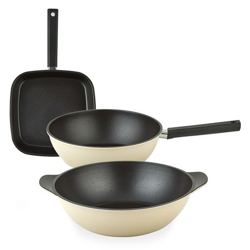 퀸센스 샌드 후라이팬 3종 세트, 베이지, 사각팬 27cm + 궁중팬 24cm + 파티웍 28cm, 1세트
