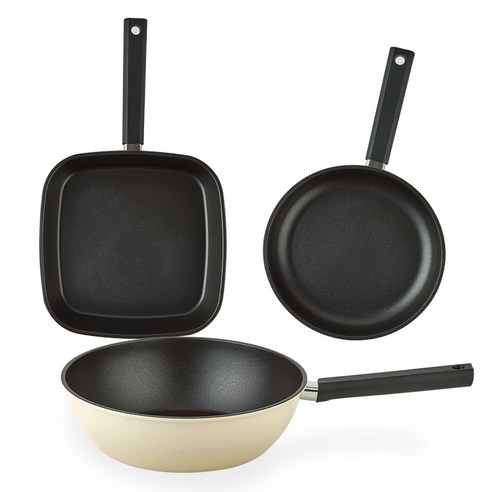 퀸센스 샌드 후라이팬 3종 세트, 베이지, 사각팬 27cm + 후라이팬 24cm + 궁중팬 24cm, 1세트