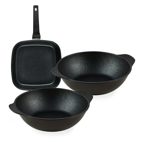퀸센스 디너 후라이팬 3종 세트, 브라운, 사각팬 27cm + 파티웍 28cm x 2p, 1세트