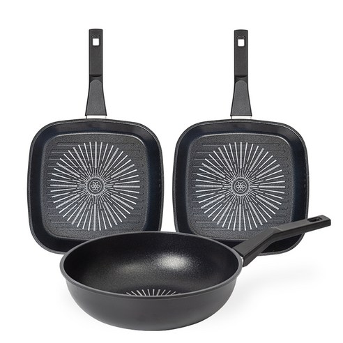 인터쿡 클래식 후라이팬 3종 세트, 블랙, 사각팬 27cm + 사각팬 27cm + 궁중팬 28cm, 1세트