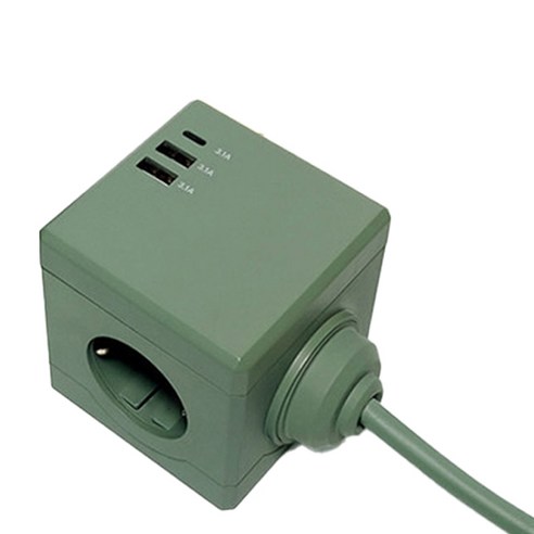 어반러쉬 큐브형 캠핑용 멀티탭 멀티 콘센트 3구 USB c타입 충전 고용량 1.8m, 그린, 1개