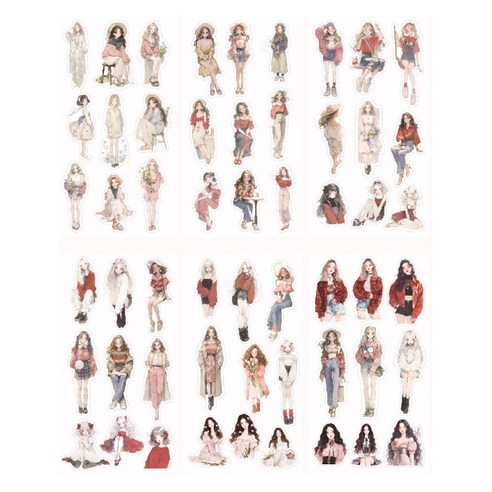 올리브파티 로어케이스라이프 시리즈 인물 소녀 감성 빈티지 다꾸 스티커 6종 세트, 핑크, 1세트