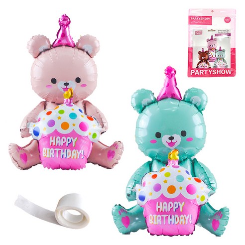 파티쇼 생일파티 곰돌이 은박 풍선 컵케익 2p + 글루닷 접착 스티커 세트, 핑크(곰돌이 은박 풍선), 민트(곰돌이 은박 풍선), 1세트
