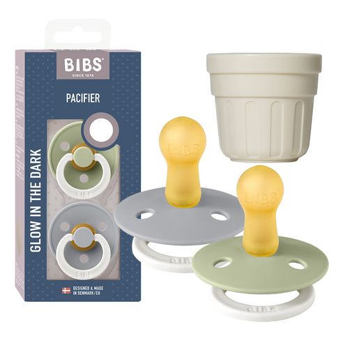 BIBS 컬러 고무 쪽쪽이 2종 + 전용캡 세트, 2단계, 세이지 야광, 클라우드 야광, 1세트