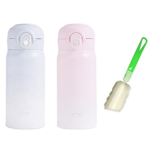 디유 원터치 2중 진공 스텐레스 316 그라데이션 손잡이 텀블러 350ml x 2p + 전용세척솔 세트, 블루, 핑크(텀블러), 1세트