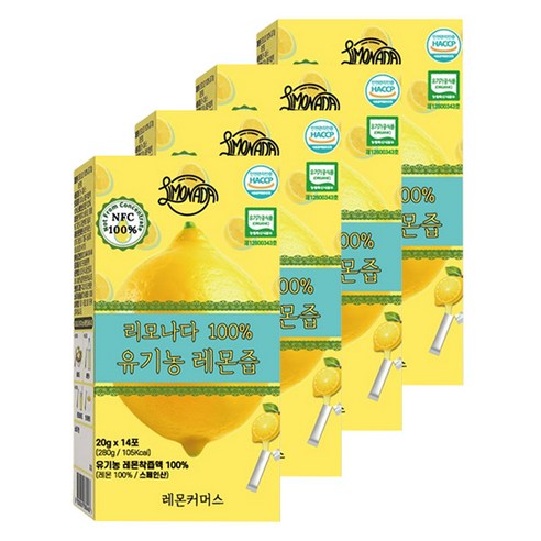 리모나다 100% 유기농 레몬즙 NFC 착즙 통째로 원액 레몬 스틱, 280g, 4개