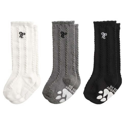 하이베이비키즈 유아용 꽈배기 리본 니삭스 3족 세트