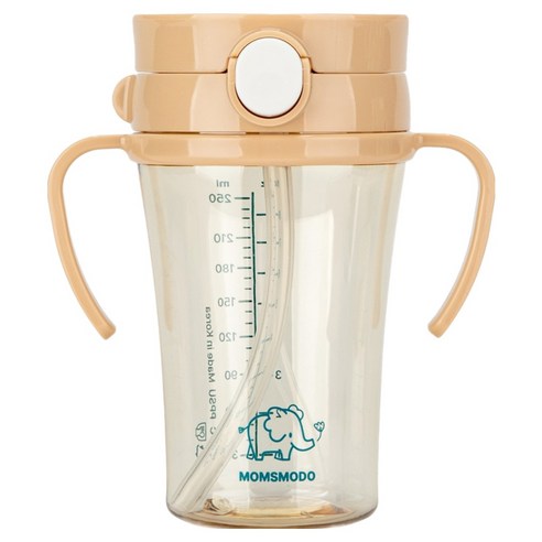 맘스모도 유아용 세척편한 이지 PPSU 원터치 빨대컵 250ml, 1개, 코끼리/베이지