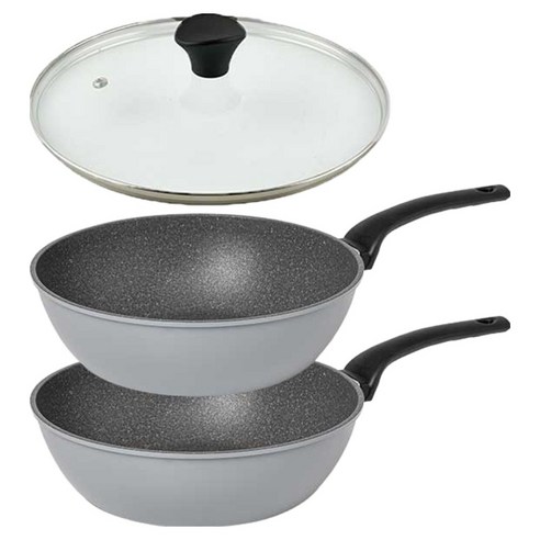 퀸센스 인터쿡 후라이팬 세트 3개, 그레이, 궁중팬 24cm + 궁중팬 24cm + 유리뚜껑 24cm, 1세트