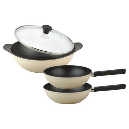 퀸센스 샌드 후라이팬 3종 + 유리뚜껑 세트, 베이지, 1세트, 궁중팬 24cm + 궁중팬 24cm + 파티웍 28cm + 유리뚜껑 28cm