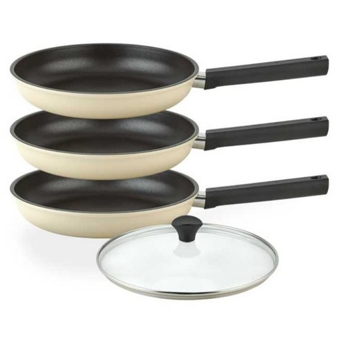 퀸센스 샌드 후라이팬 3종 + 유리뚜껑 세트, 베이지, 1세트, 후라이팬 24cm + 후라이팬 24cm + 후라이팬 24cm + 유리뚜껑 24cm