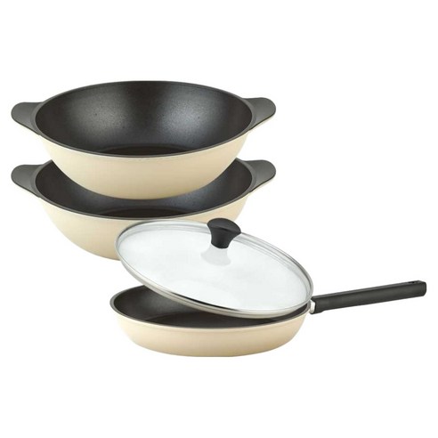 퀸센스 샌드 후라이팬 3종 + 유리뚜껑 세트, 베이지, 1세트, 후라이팬 28cm + 파티웍 28cm + 파티웍 28cm + 유리뚜껑 28cm