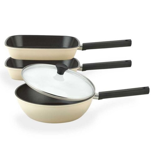 퀸센스 샌드 후라이팬 3종 + 유리뚜껑 세트, 베이지, 1세트, 사각팬 27cm + 사각팬 27cm + 궁중팬 28cm + 유리뚜껑 28cm