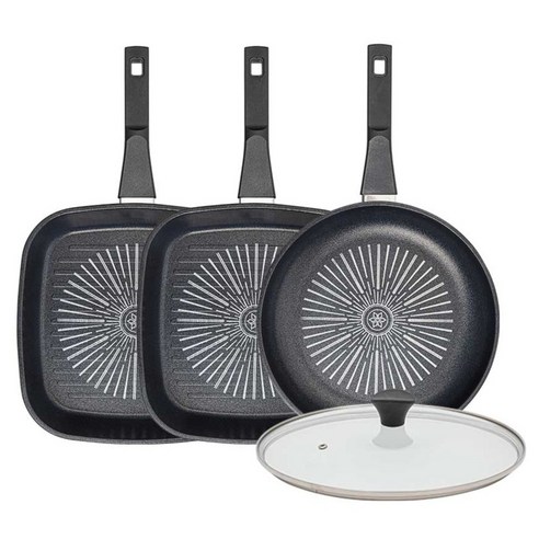 인터쿡 클래식 후라이팬 세트 4개, 블랙, 1세트, 27cm 사각팬 + 27cm 사각팬 + 28cm 후라이팬 + 유리뚜껑