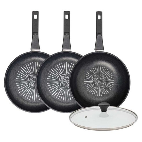 인터쿡 클래식 후라이팬 세트 4개, 블랙, 1세트, 28cm 후라이팬 + 28cm 후라이팬 + 28cm 궁중팬 + 유리뚜껑