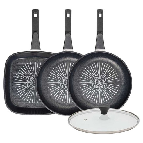 인터쿡 클래식 후라이팬 세트 4개, 블랙, 1세트, 사각팬 27cm + 후라이팬 28cm + 후라이팬 28cm + 유리뚜껑
