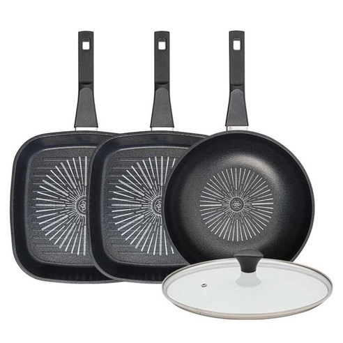 인터쿡 클래식 후라이팬 세트 4개, 블랙, 1세트, 27cm 사각팬 + 27cm 사각팬 + 28cm 궁중팬 + 유리뚜껑