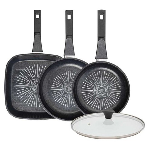 인터쿡 클래식 후라이팬 세트 4개, 블랙, 1세트, 27cm 사각팬 + 24cm 후라이팬 + 20cm 후라이팬 + 유리뚜껑