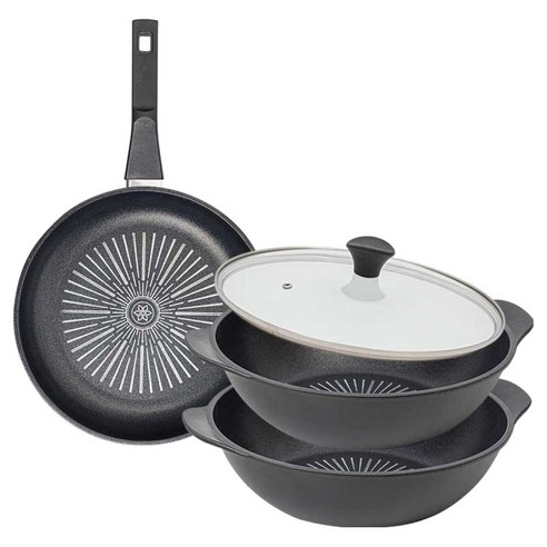 인터쿡 클래식 후라이팬 세트 4개, 블랙, 1세트, 후라이팬 28cm + 파티웍 28cm + 파티웍 28cm + 유리뚜껑