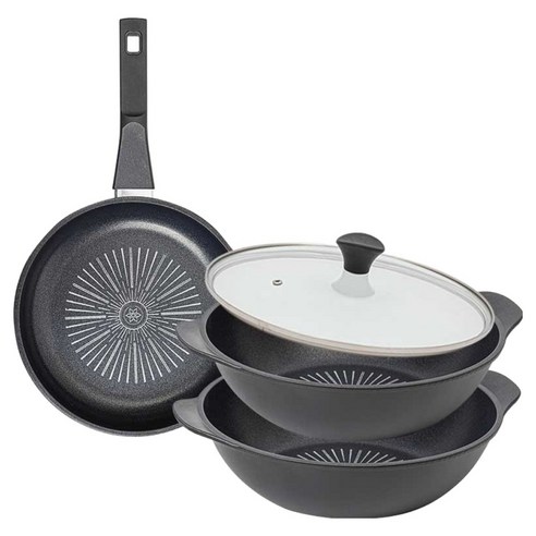 인터쿡 클래식 후라이팬 세트 4개, 블랙, 1세트, 후라이팬 24cm + 파티웍 28cm + 파티웍 28cm + 유리뚜껑