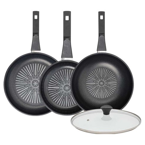 인터쿡 클래식 후라이팬 세트 4개, 블랙, 1세트, 후라이팬 28cm + 후라이팬 20cm + 궁중팬 28cm + 유리뚜껑