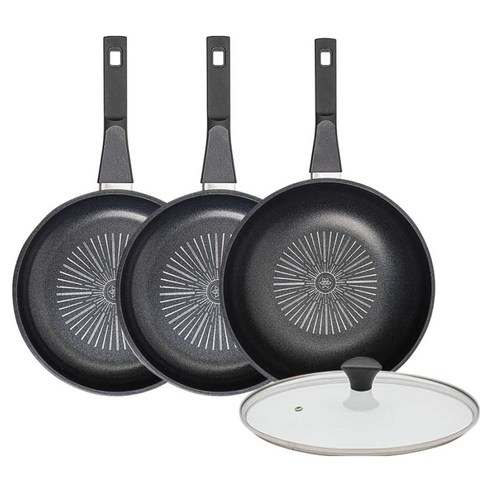 인터쿡 클래식 후라이팬 세트 4개, 블랙, 1세트, 후라이팬 24cm + 후라이팬 24cm + 궁중팬 28cm + 유리뚜껑