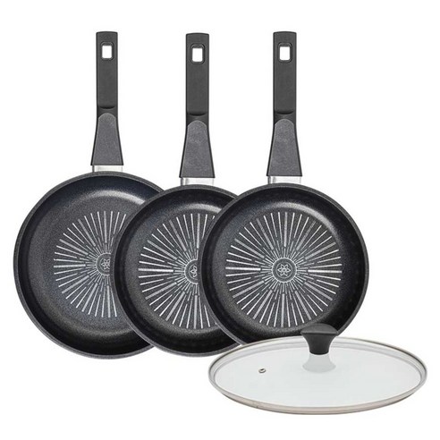 인터쿡 클래식 후라이팬 세트 4개, 블랙, 1세트, 24cm 후라이팬 + 20cm 후라이팬 + 20cm 후라이팬 + 유리뚜껑