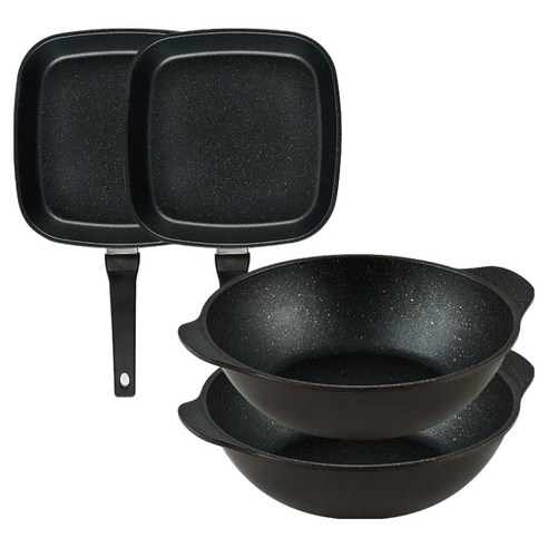 퀸센스 디너 후라이팬 세트 4개, 브라운, 1세트, 사각팬 27cm 2p + 파티웍 28cm 2p