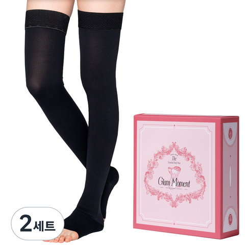 글램모먼트 메디컬 서포트 오픈토 하이 의료용압박스타킹 블랙, 2세트, 허벅지형