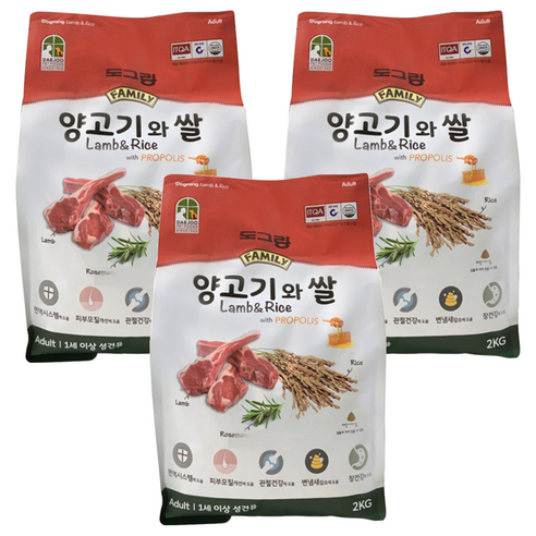 도그랑 어덜트 강아지 훼미리 건식사료, 양+쌀, 2kg, 3개