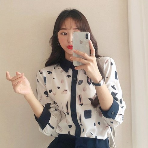 나바바 NB305 여성 프린팅 카라 긴팔 블라우스