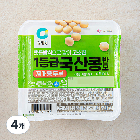 청정원 국산 1등급 찌개용 콩두부 반모, 200g, 4개