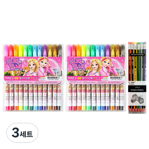 동아 소피루비 사인펜 12색 2p + 투코비 삼각 지우개 연필 SG-208 6종 x 2p, 혼합색상, 3세트