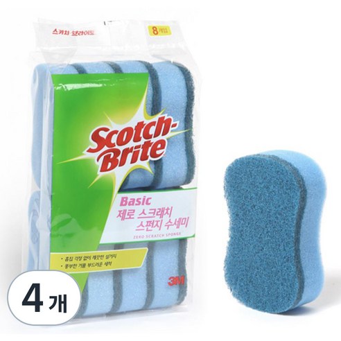 쓰리엠 베이직 제로 스크레치 스펀지 수세미, 8개입, 4개
