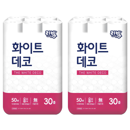 리빙티슈 2겹 화이트데코 일반롤화장지, 50m, 30개입, 2개