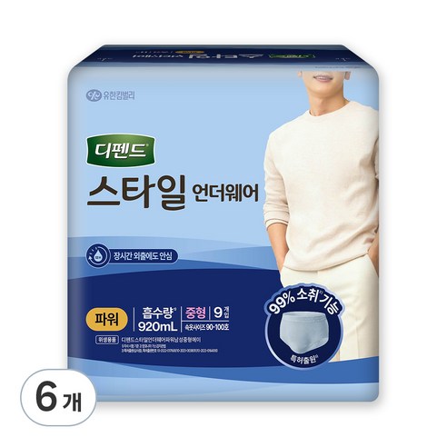 디펜드 남성용 스타일 언더웨어 파워 성인기저귀, 중형, 9개입, 6개