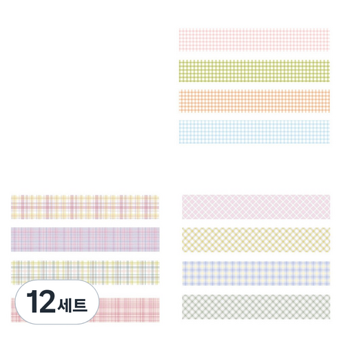체크 패턴 컬러 마스킹테이프 20mm x 20m 4종 세트, 12세트, 14 썸머, 포그, 히비스커스