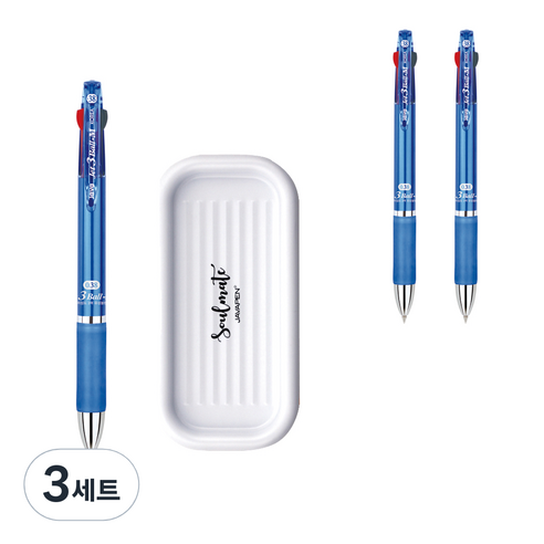 자바펜 제트3볼 M 펜 0.38mm 3p + 펜트레이 세트, 블루(볼펜), 랜덤발송(펜트레이), 3세트