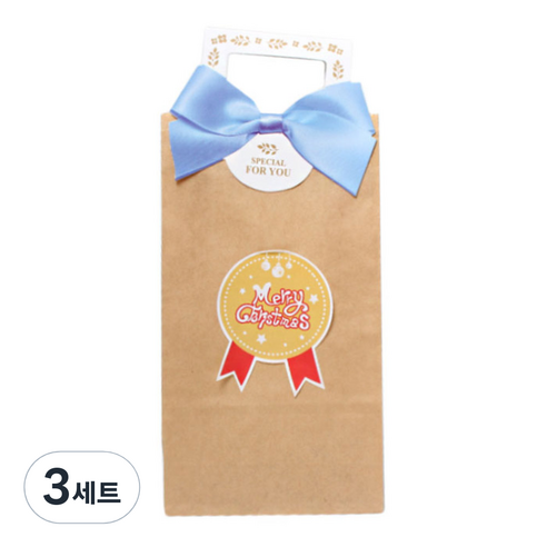 피크닉하우스 리본 손잡이스티커 블루 20p + 크라프트 각대종이봉투 20p + xmas스티커 20p, 3세트