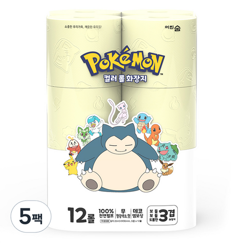 어린숨 포켓몬 컬러 천연펄프 3겹 고급롤화장지, 25m, 12개입, 60개