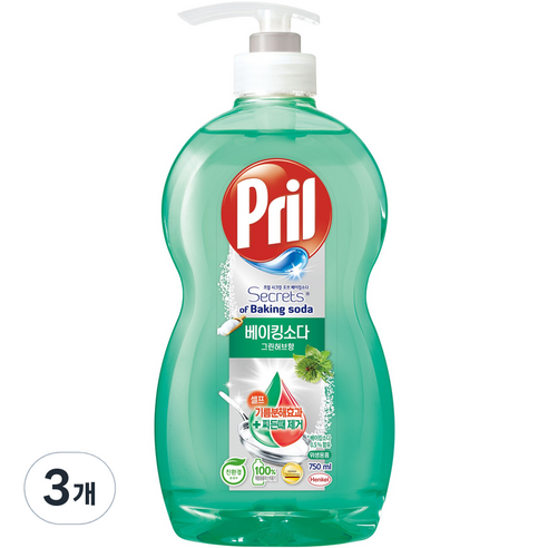 프릴 시크릿 오브 베이킹소다 주방세제 그린허브 향, 750ml, 3개