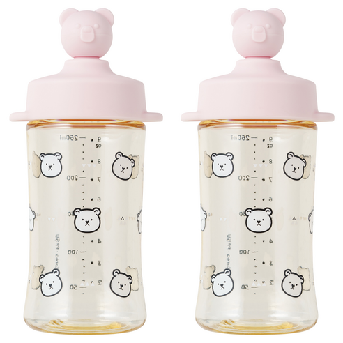아키움 유아용 곰돌이 PPSU 빨대컵 260ml, 베이비핑크, 2개