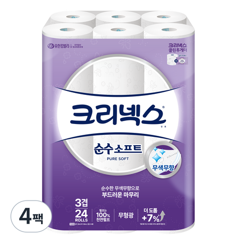 크리넥스 천연펄프 3겹 순수 소프트 화장지, 28m, 24개입, 4개