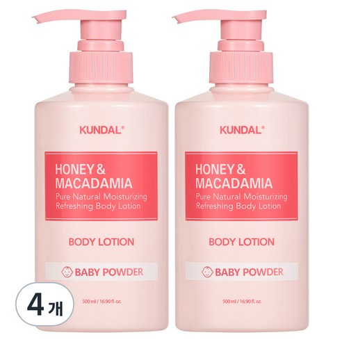 쿤달 허니 앤 마카다미아 퓨어 바디로션 베이비파우더향, 500ml, 4개