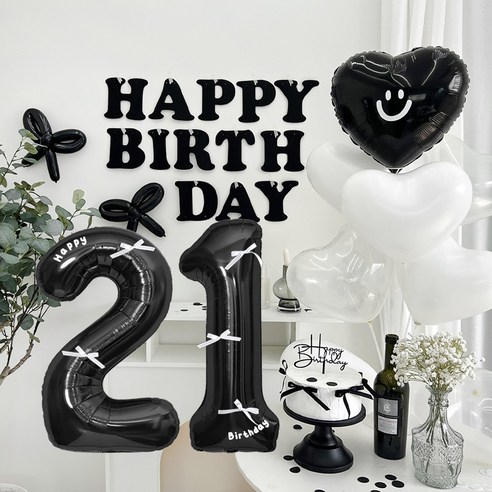 HBD 레터링 하트 파티 세트, 블랙 21, 1세트