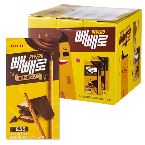빼빼로 누드 초코 빼빼로, 50g, 16개
